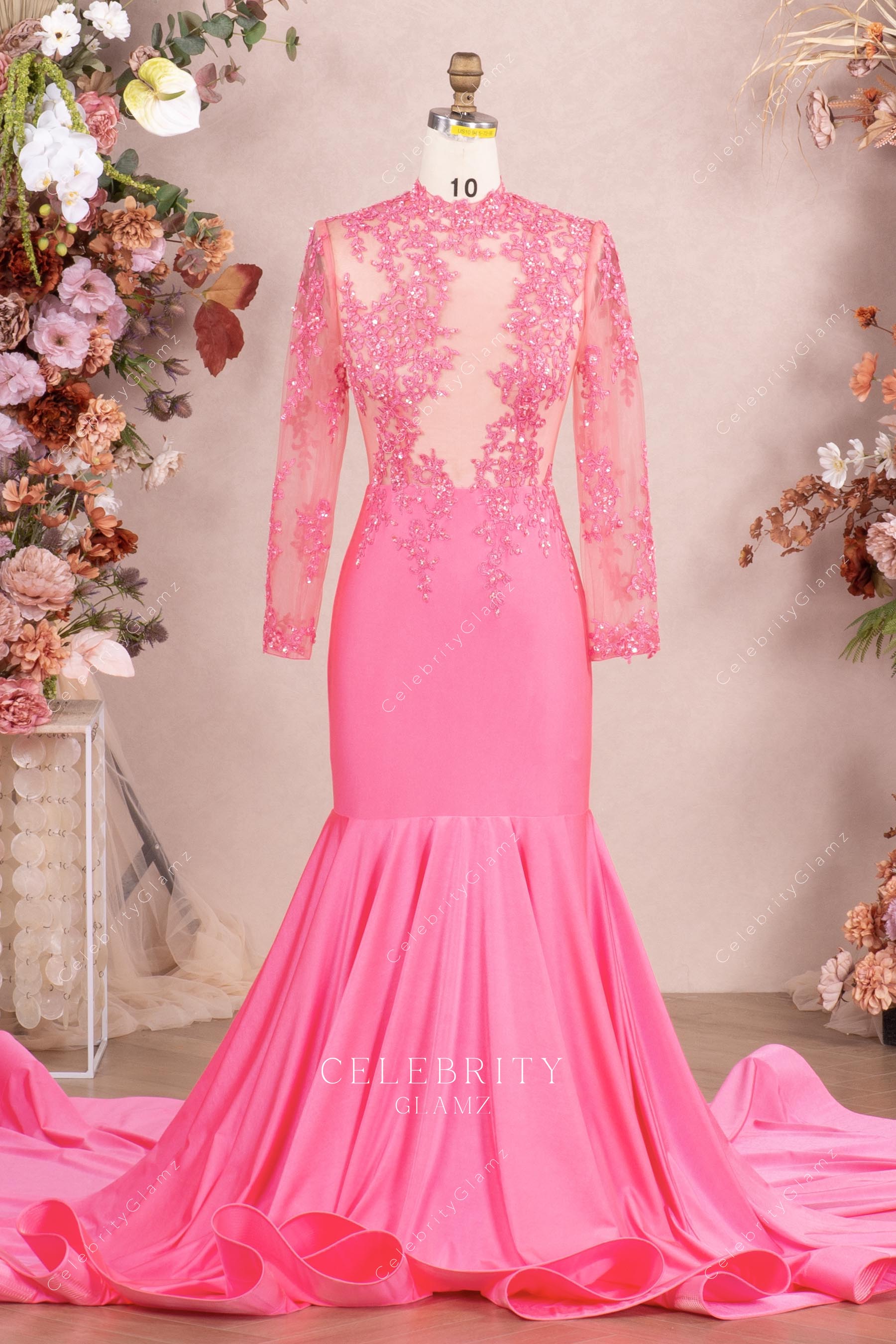glitter flamingo trumpet prom dress