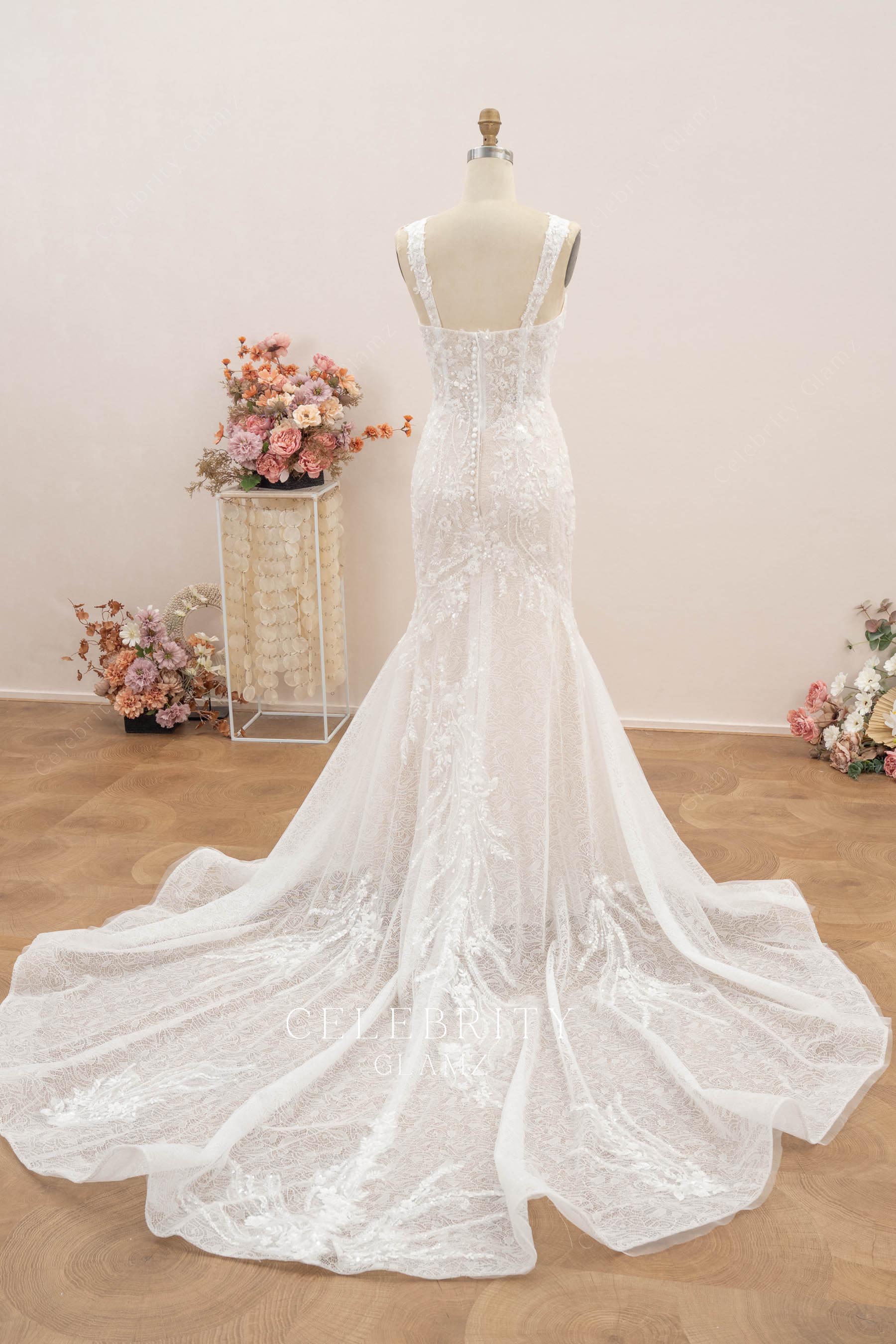 glitter floral lace mermaid wedding dress