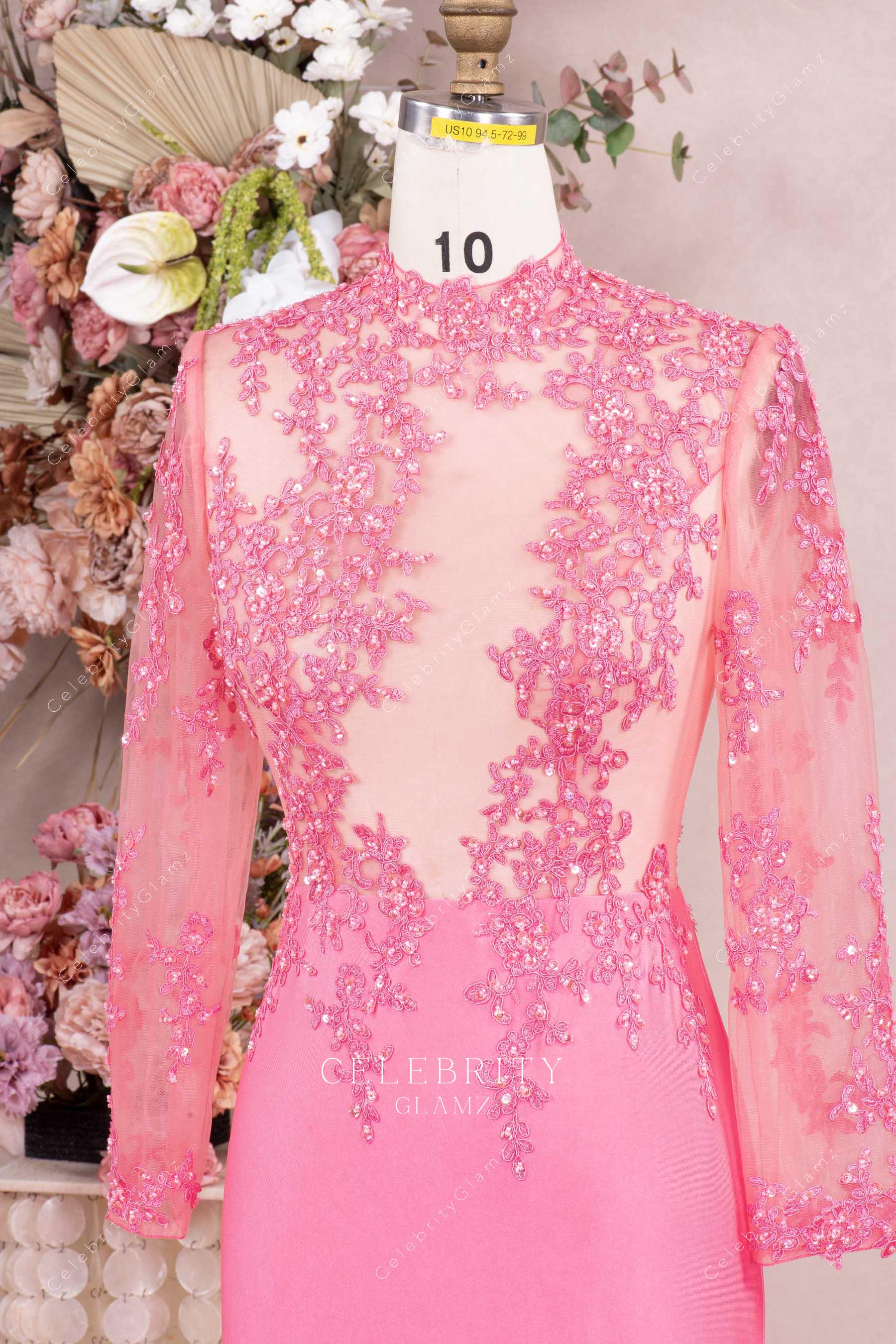 glitter lace illusion sleeves prom dress