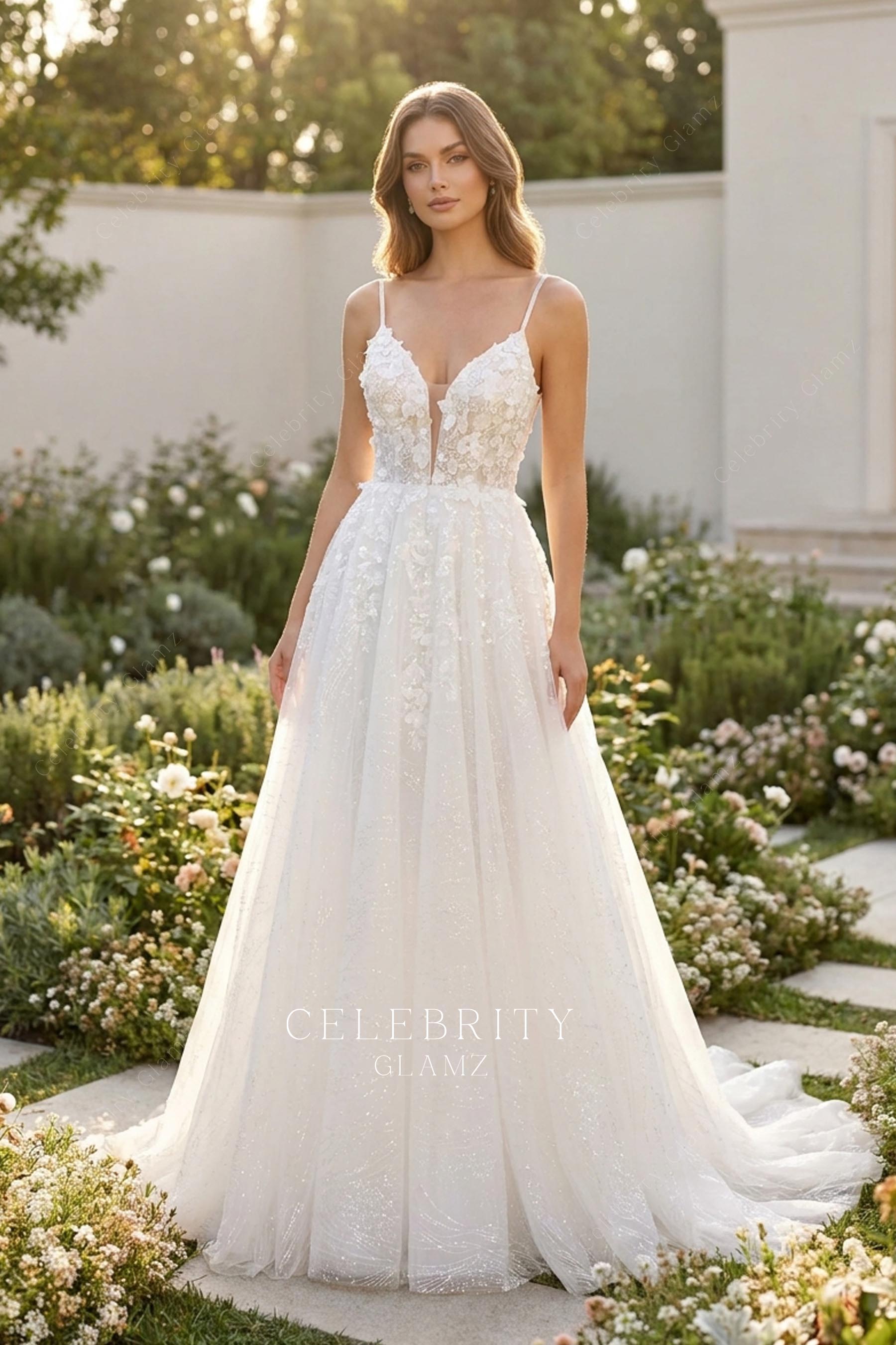 glitter tulle flower lace a line bridal dress