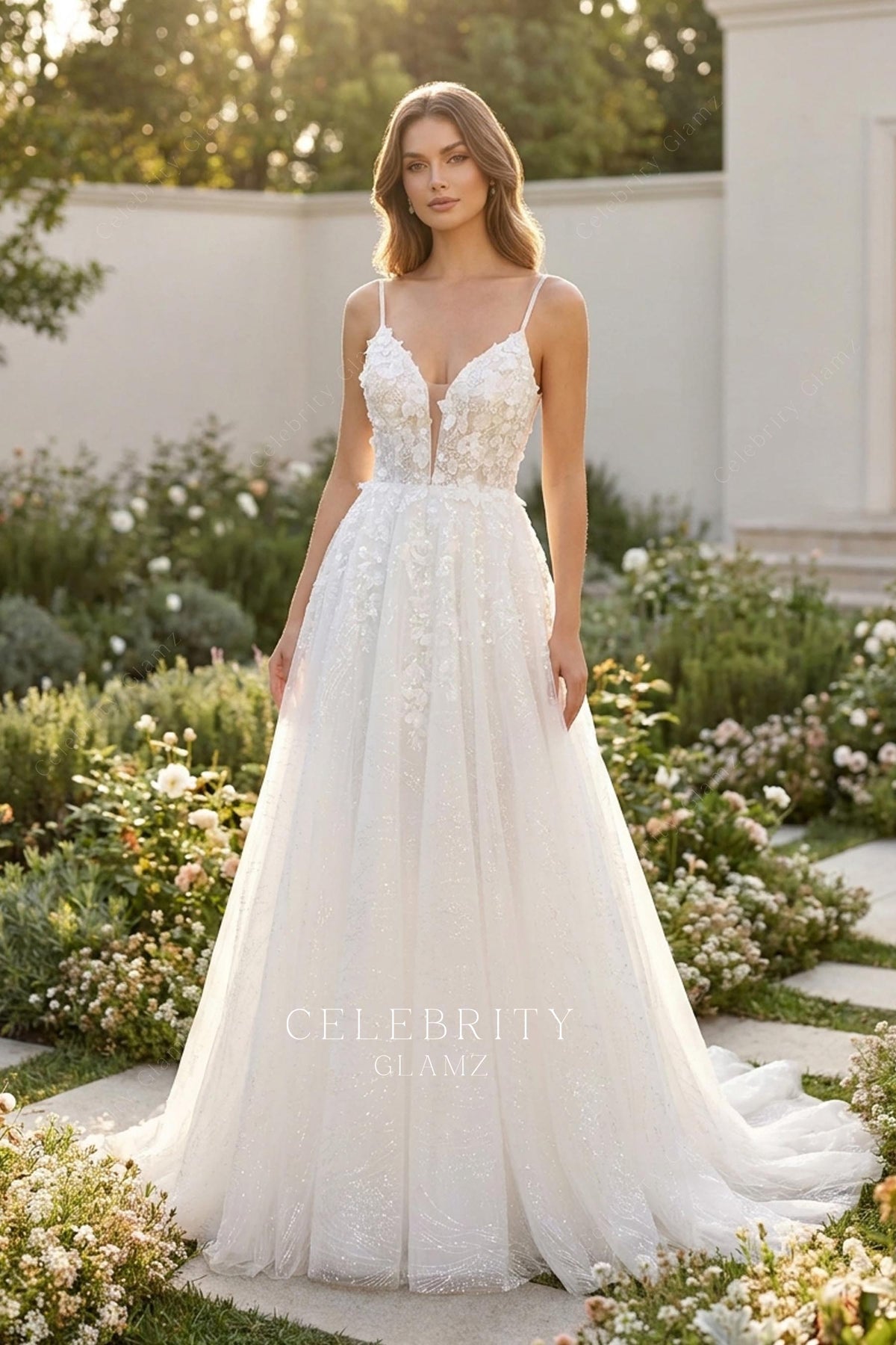glitter tulle flower lace a line bridal dress