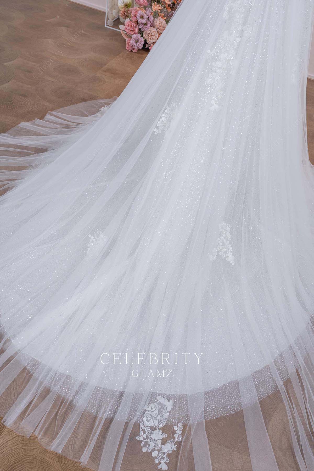 glitter tulle long train wedding dress