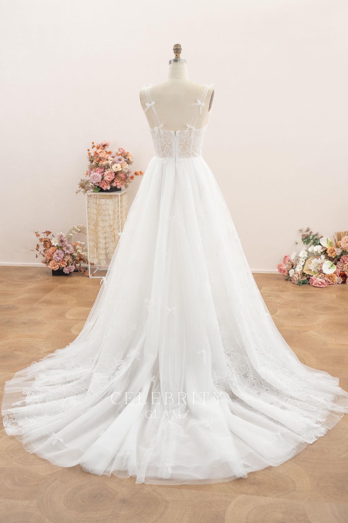 godet lace tulle court train wedding dress
