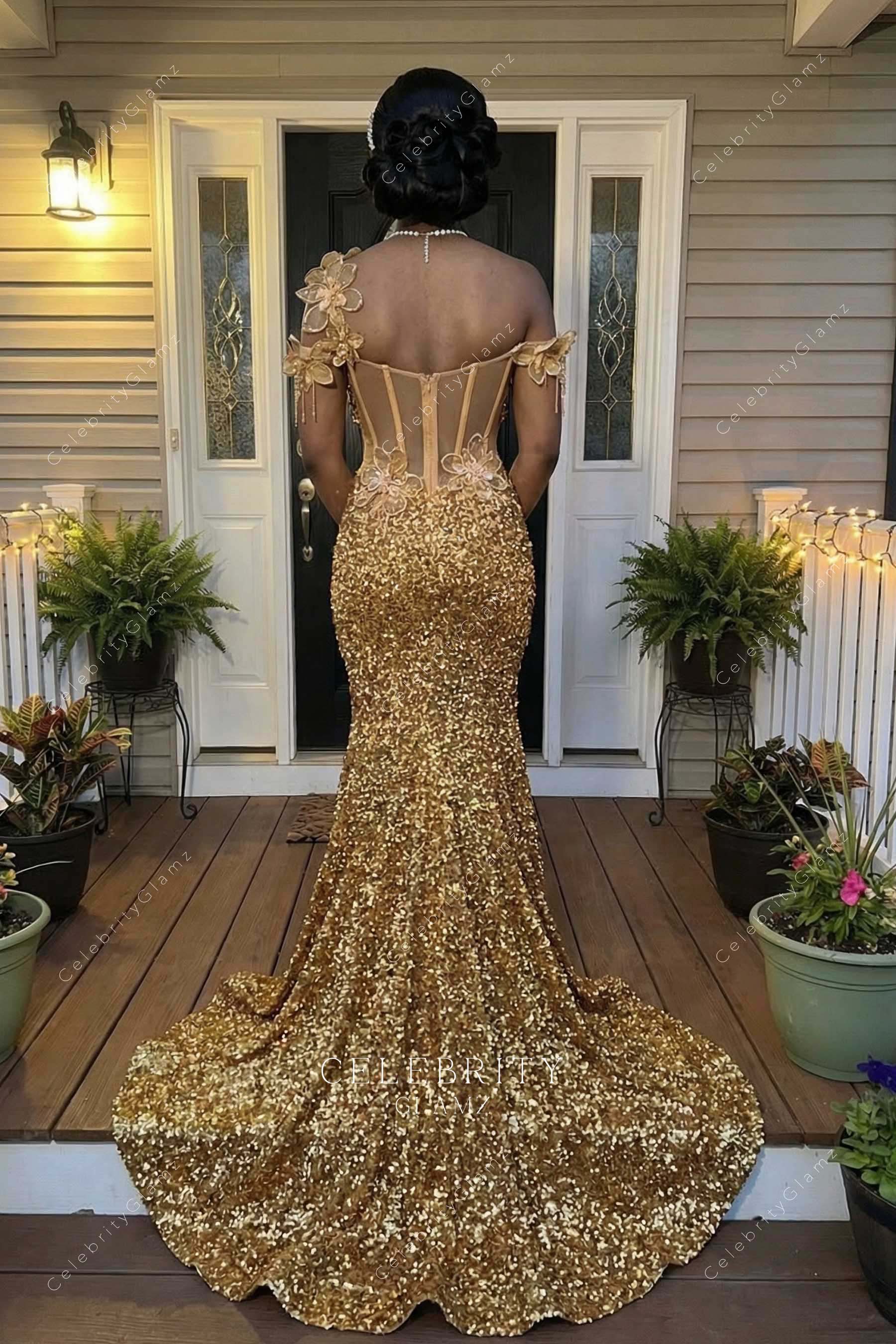 gold glitter corset back prom dress