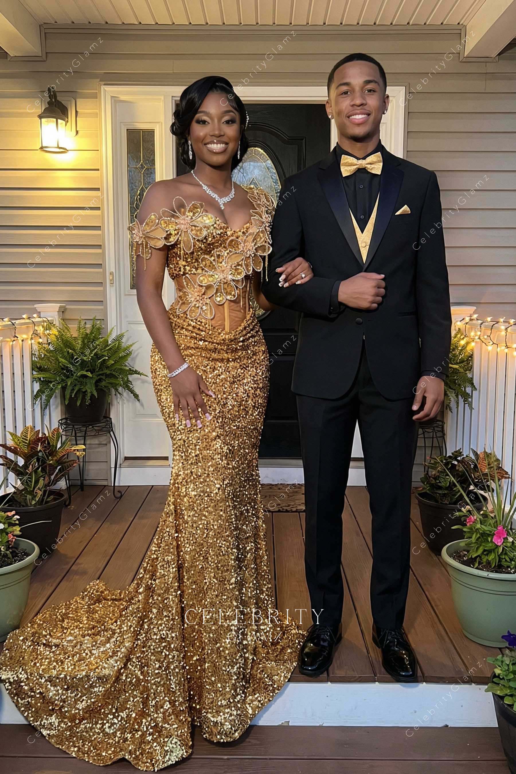 gold glitter mermaid prom dress