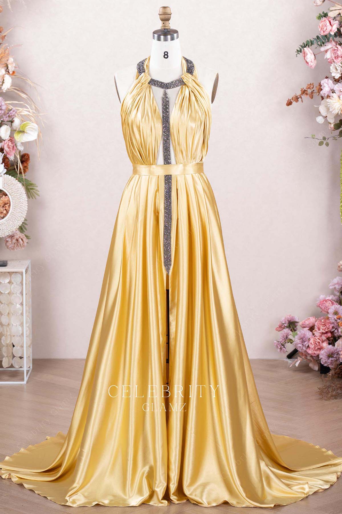gold halter prom dress