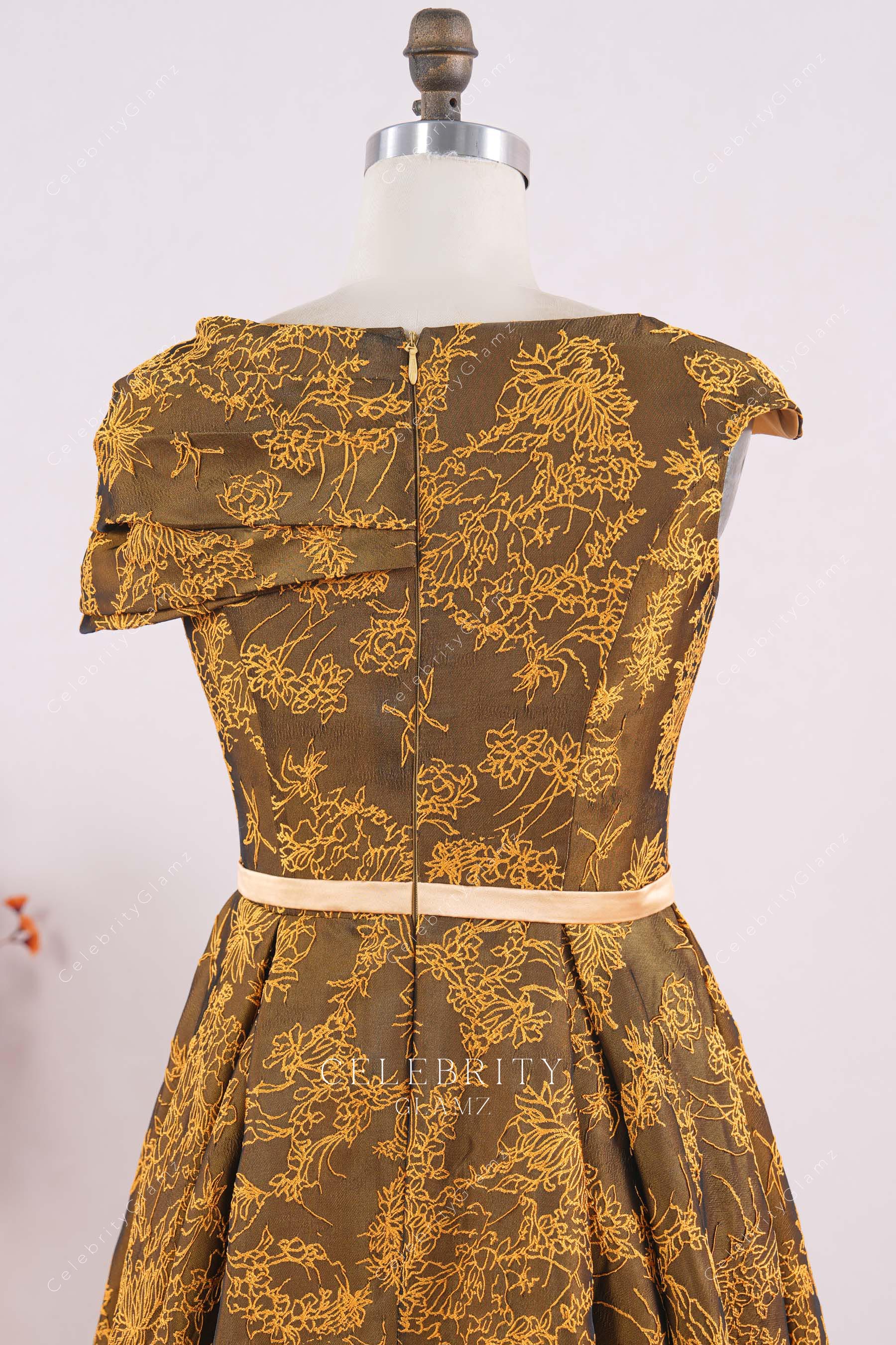 gold jacquard asymmetrical sleeve mother of bride dress