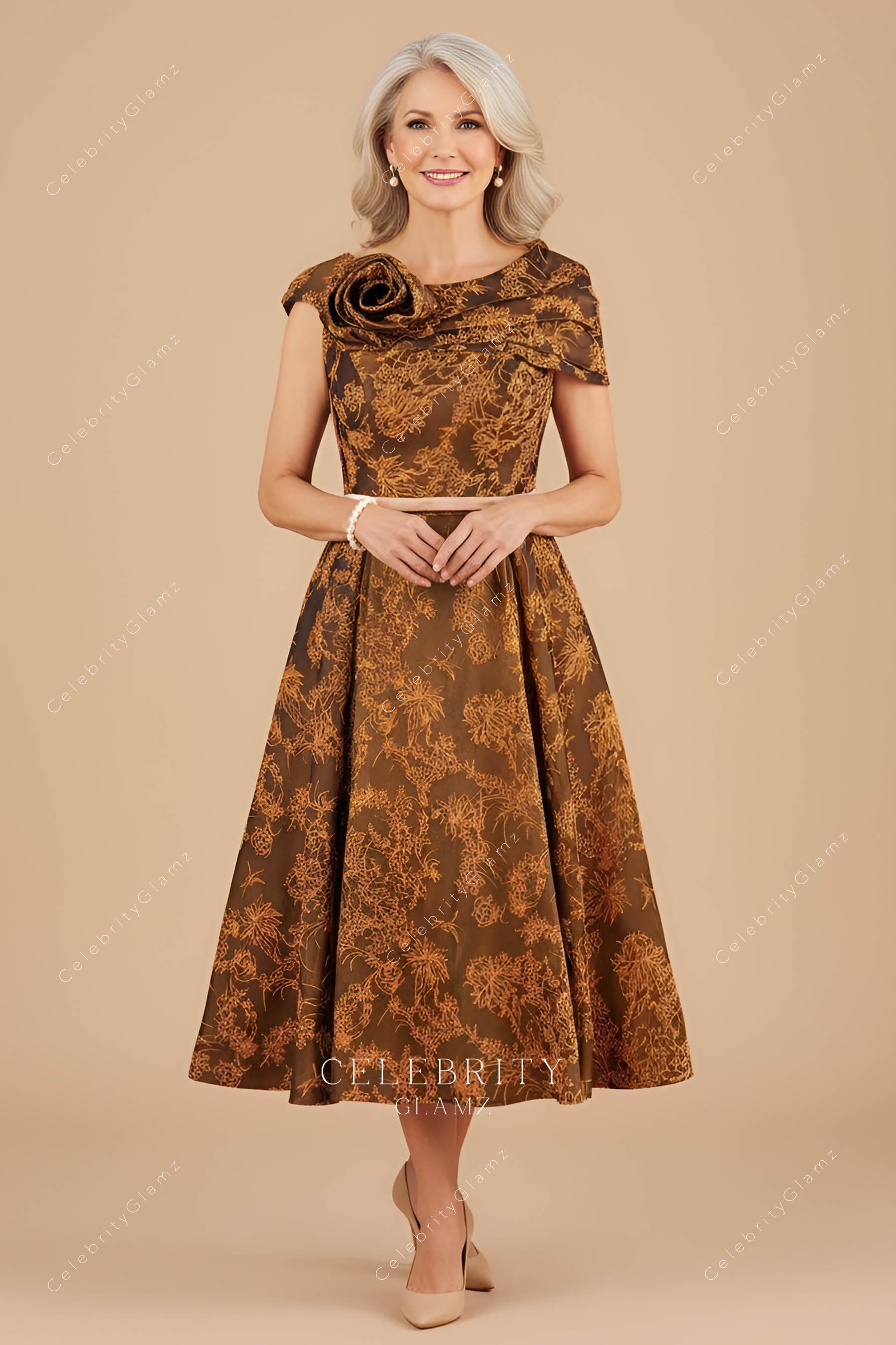gold jacquard mother of bride dress