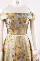 gold jacquard straight across mother of bride dress