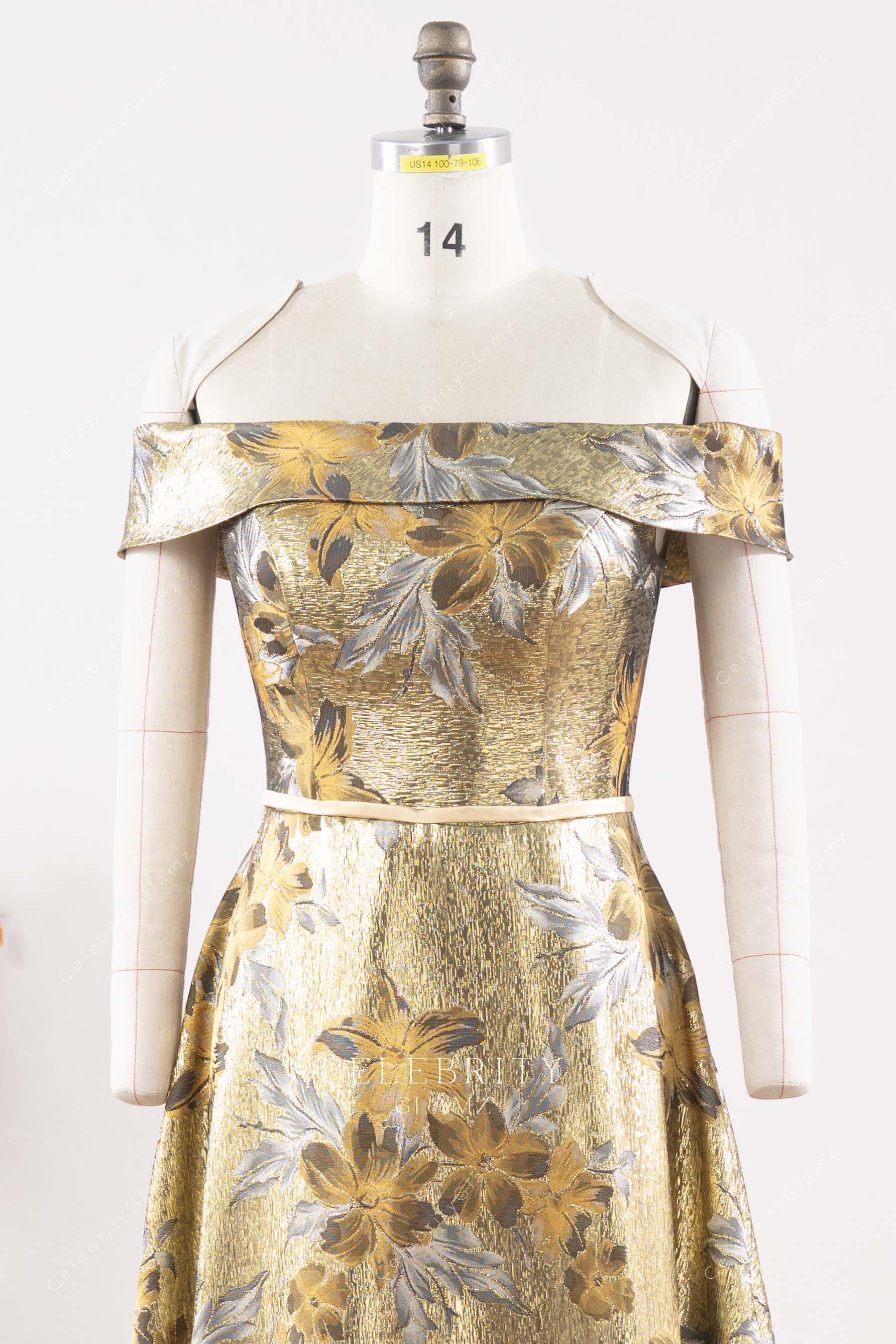 gold jacquard with waistband mother of bride dress