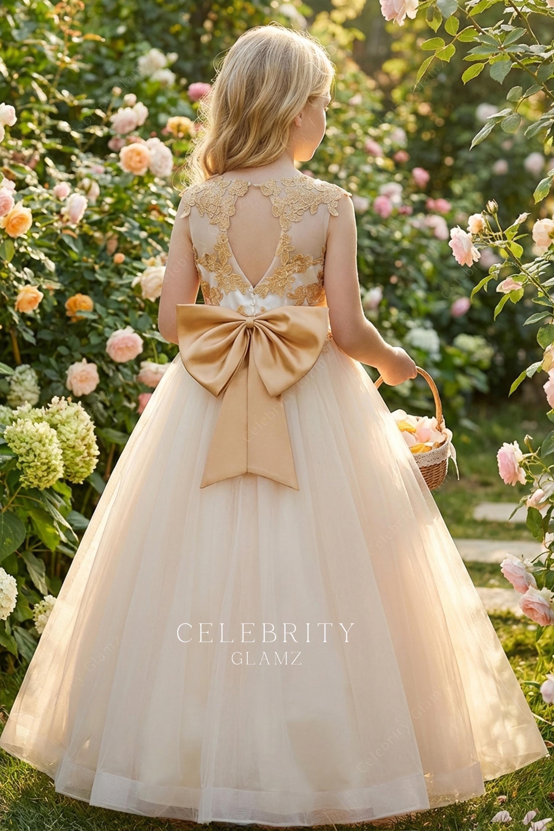 gold lace floor length flower girl dress