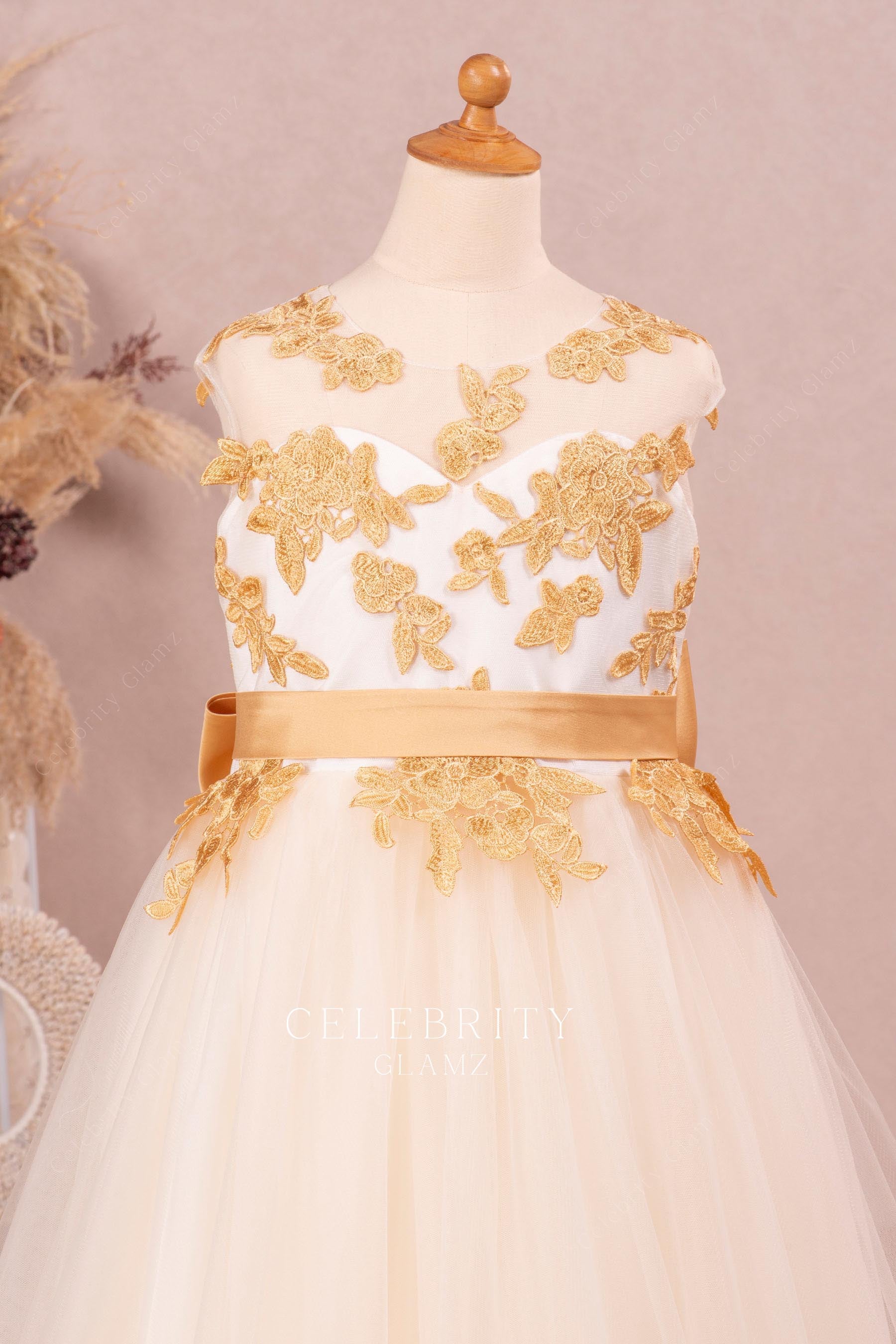 gold lace illusion neck flower girl dress