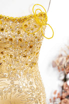 gold rhinestones strapless prom dress