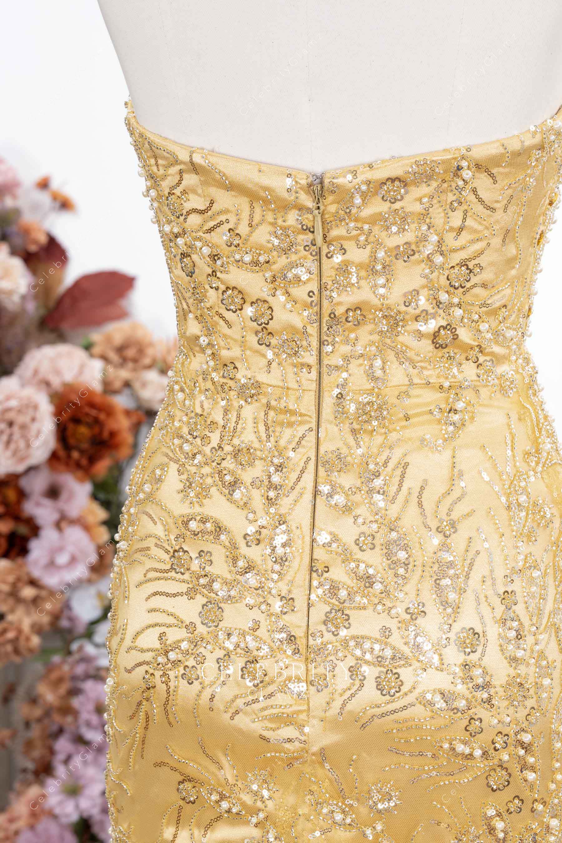 gold sequin backless prom dress
