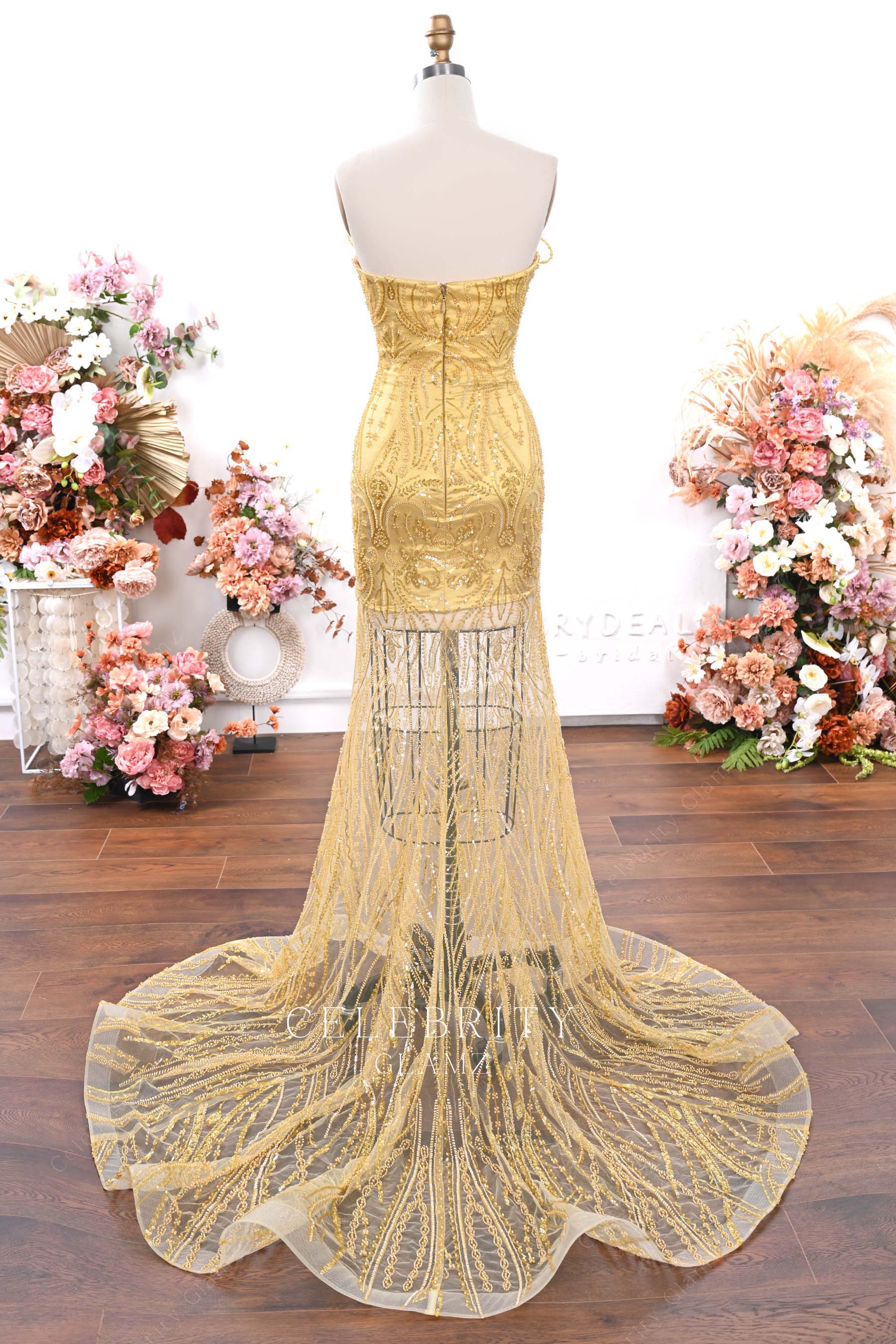 gold sequin court train prom dress