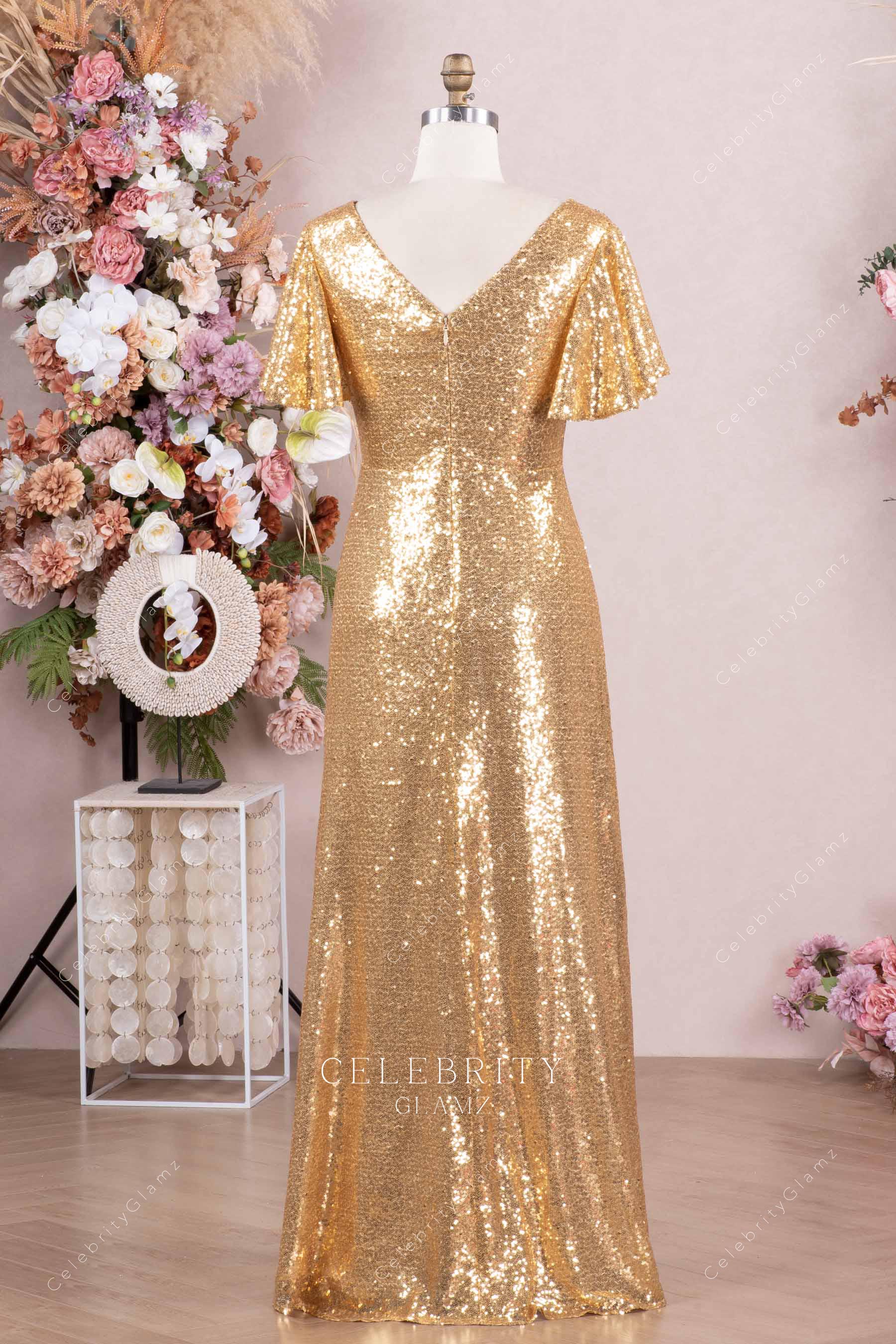gold sequin floor length mother of bride dress