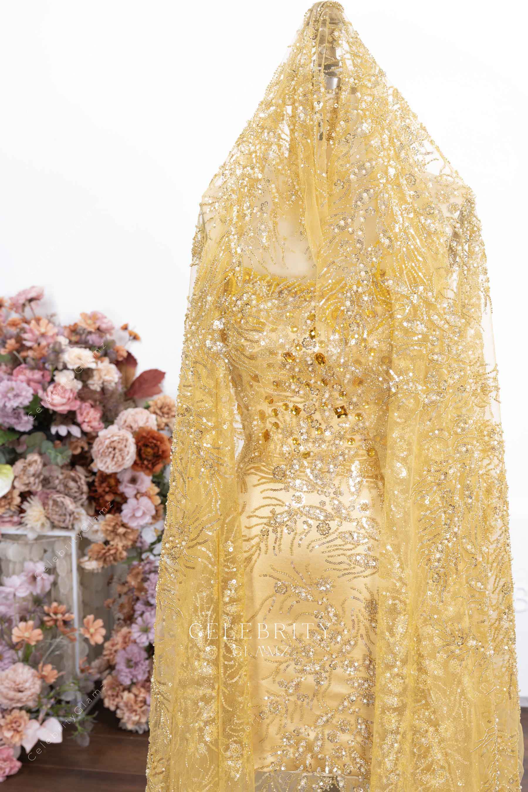 gold sequin headpiece prom dress