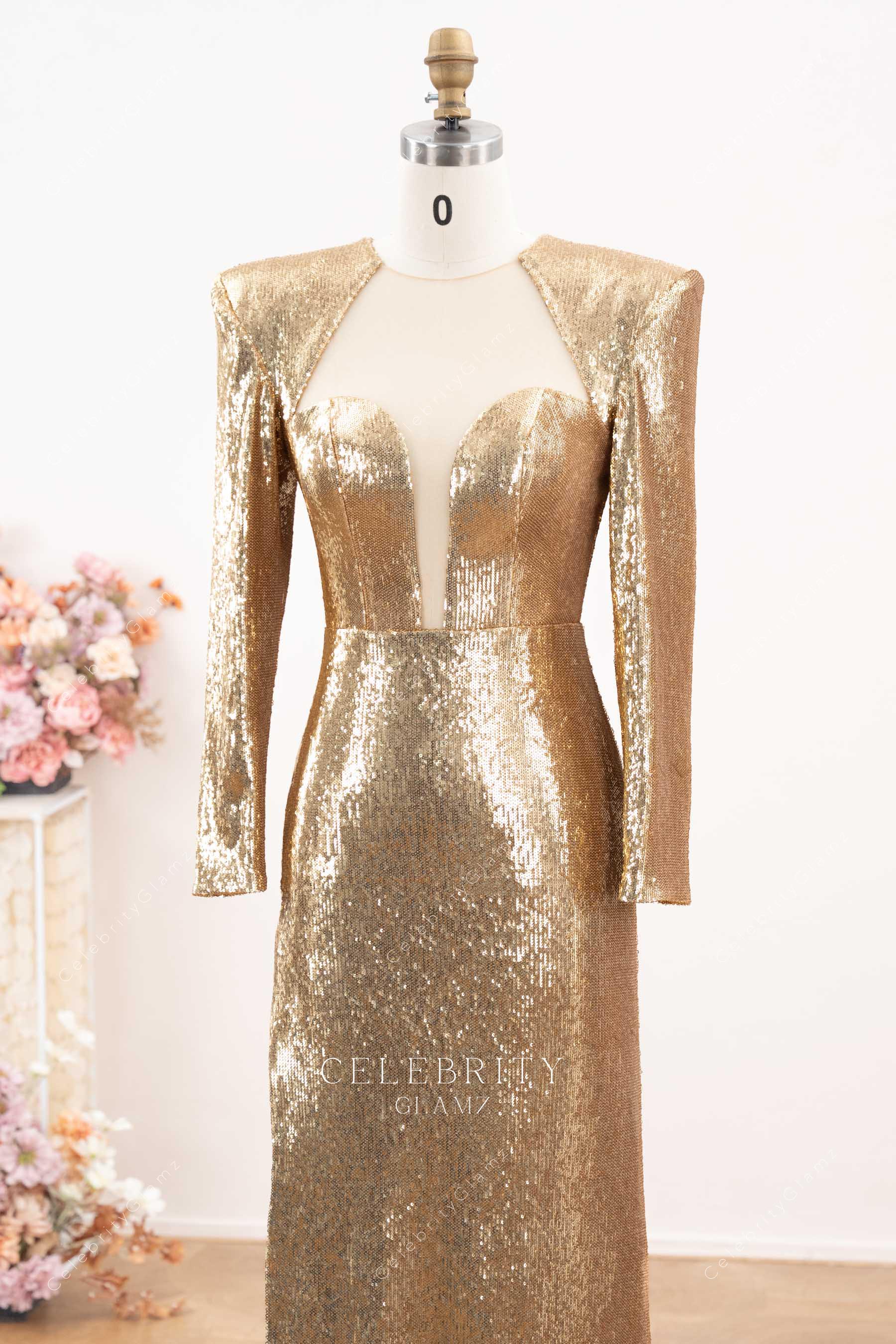 gold sequin long sleeve prom dress