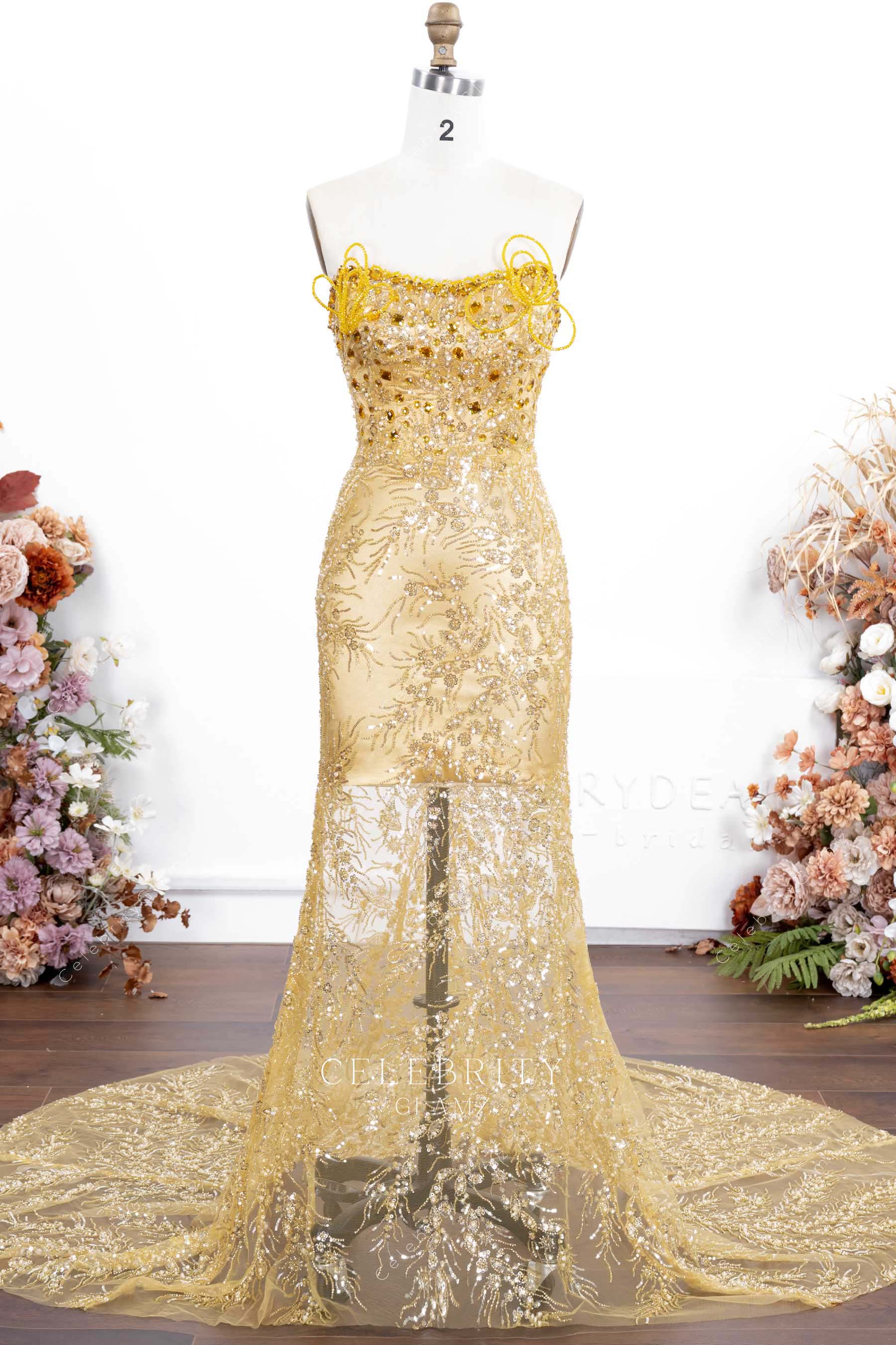 gold sequin strapless prom dress