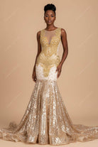 gold sequin trumpet prom dress