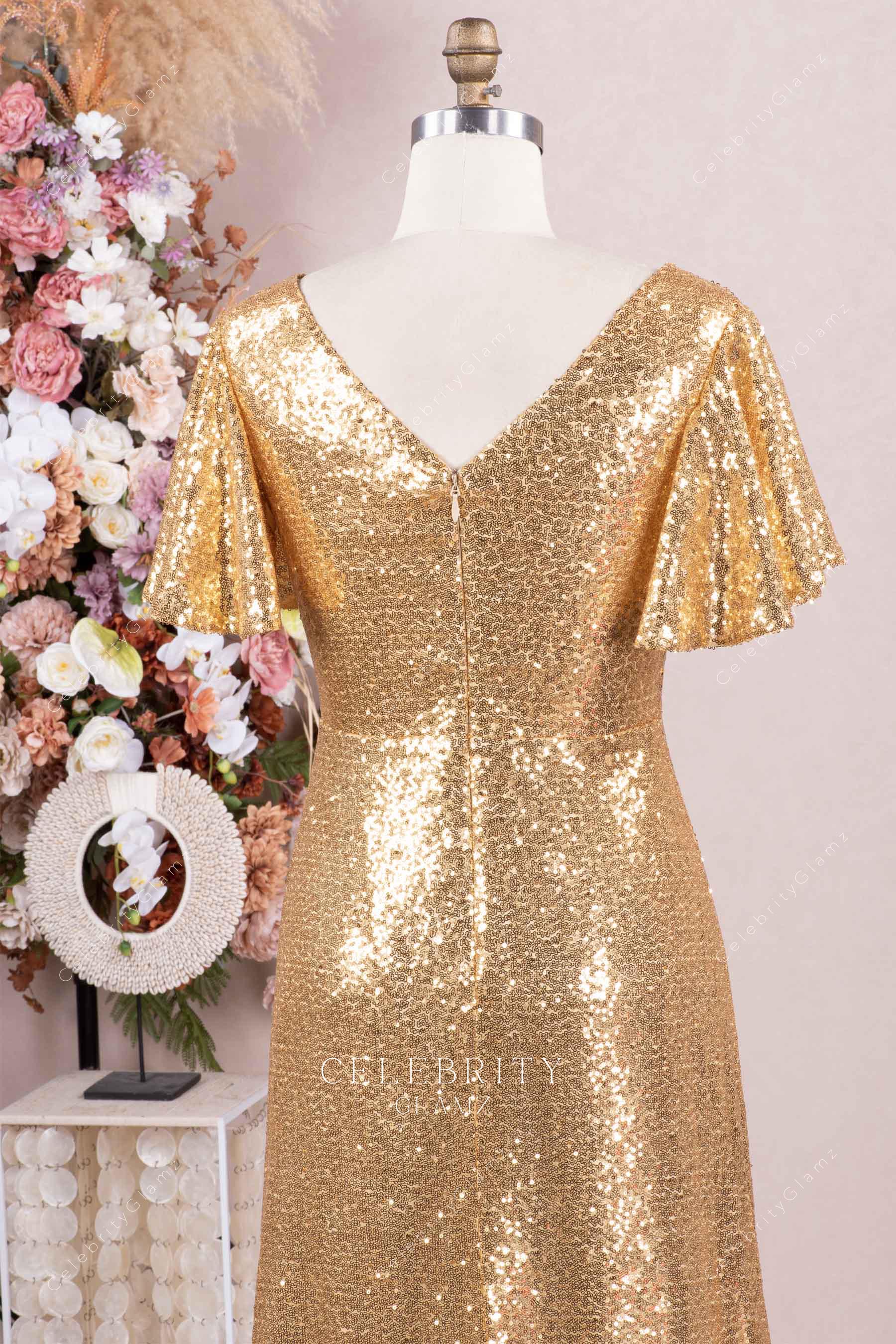 gold sequin v back mother of bride dress