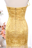 gold strapless open back prom dress