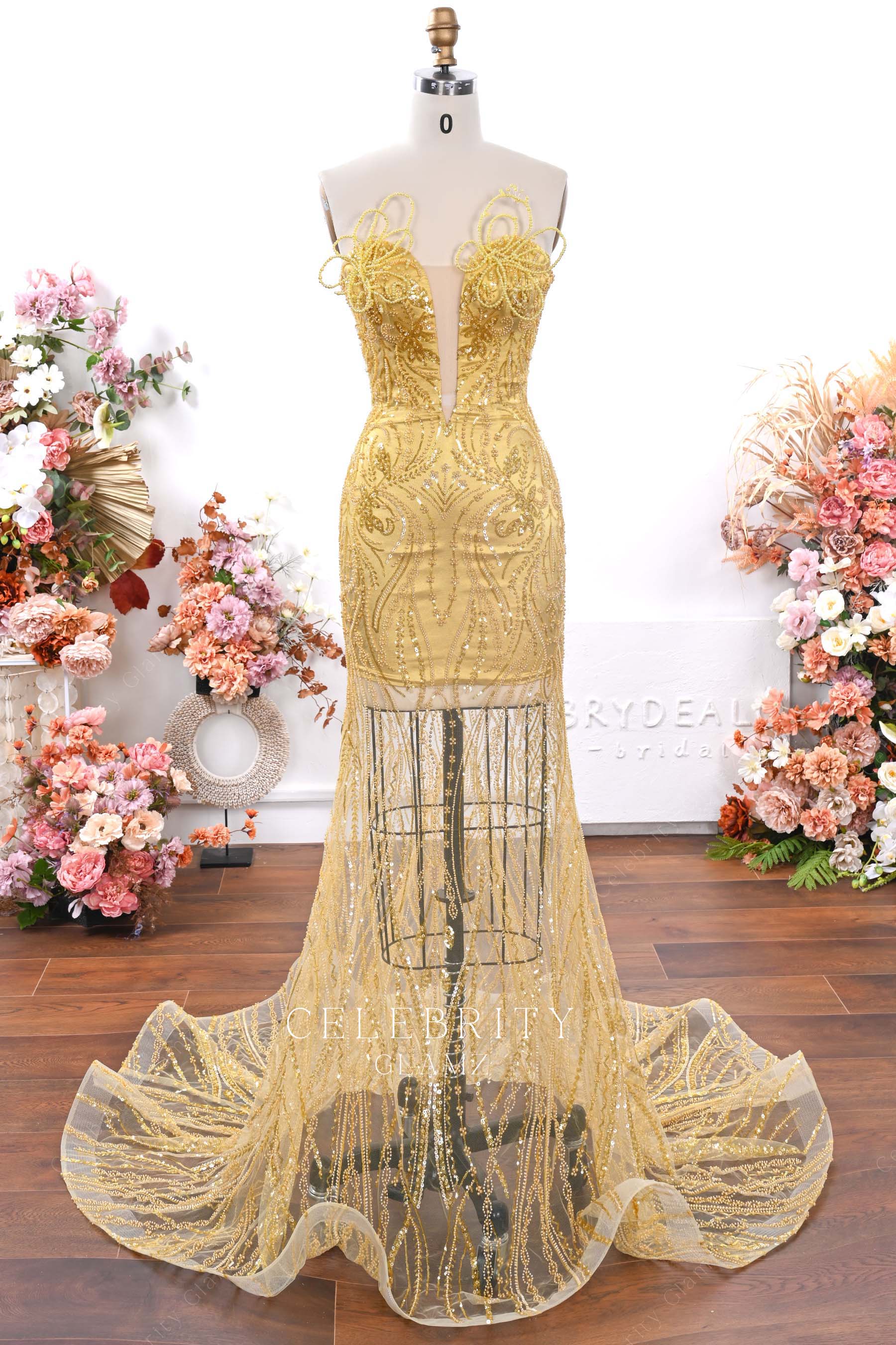 gold strapless prom dress