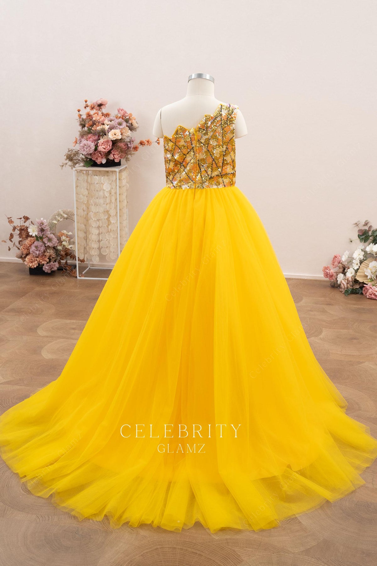 gold tulle a line court train pageant dress