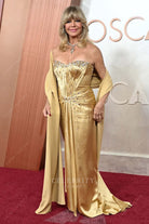 Goldie Hawn gold satin 2025 Oscars red carpet prom dress