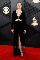 Grace Gummer black plunging neck prom dress Grammys red carpet 2024