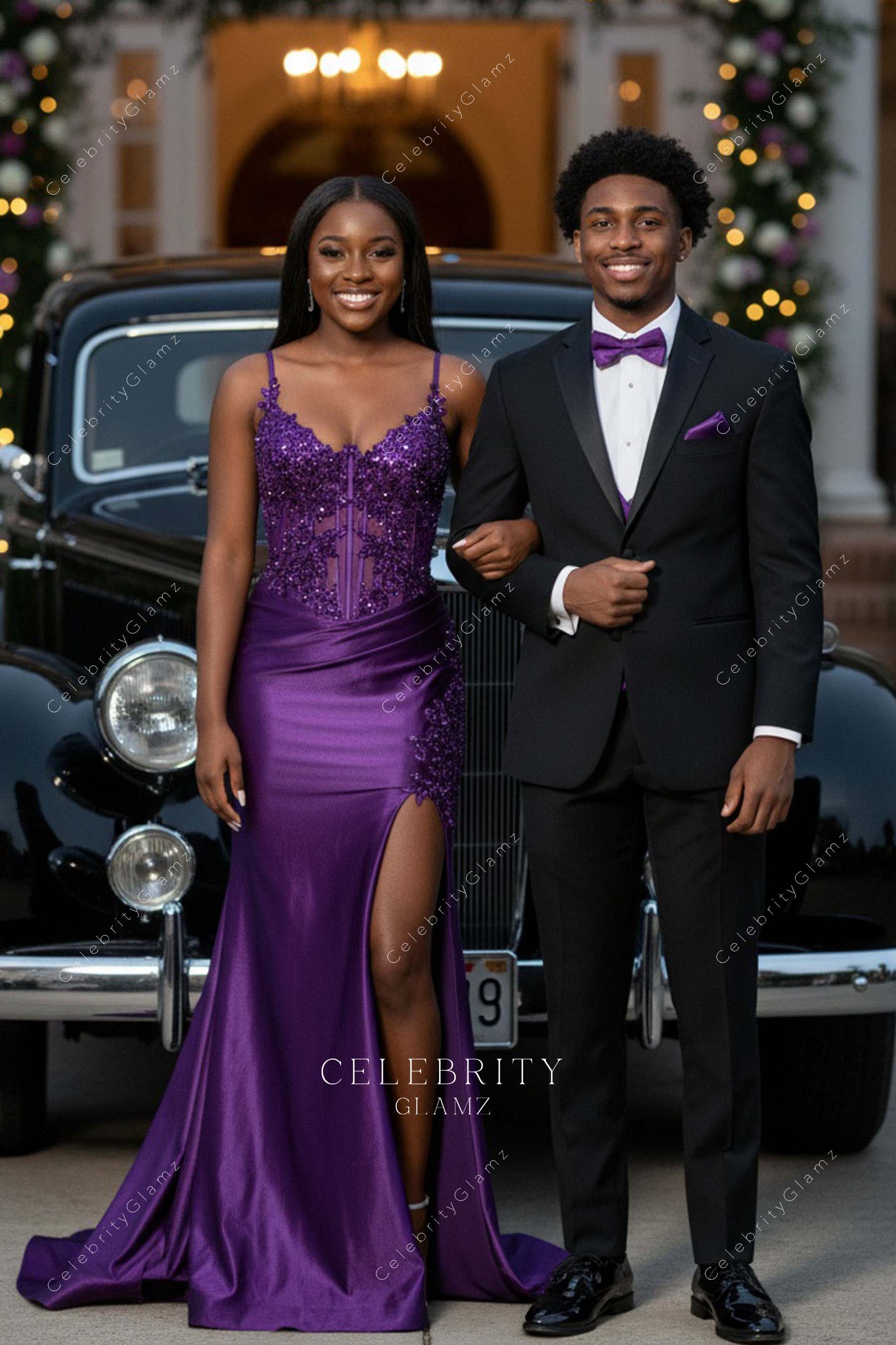 grape sequin thigh split prom dress