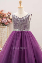 grape tulle a line kids pageant dress