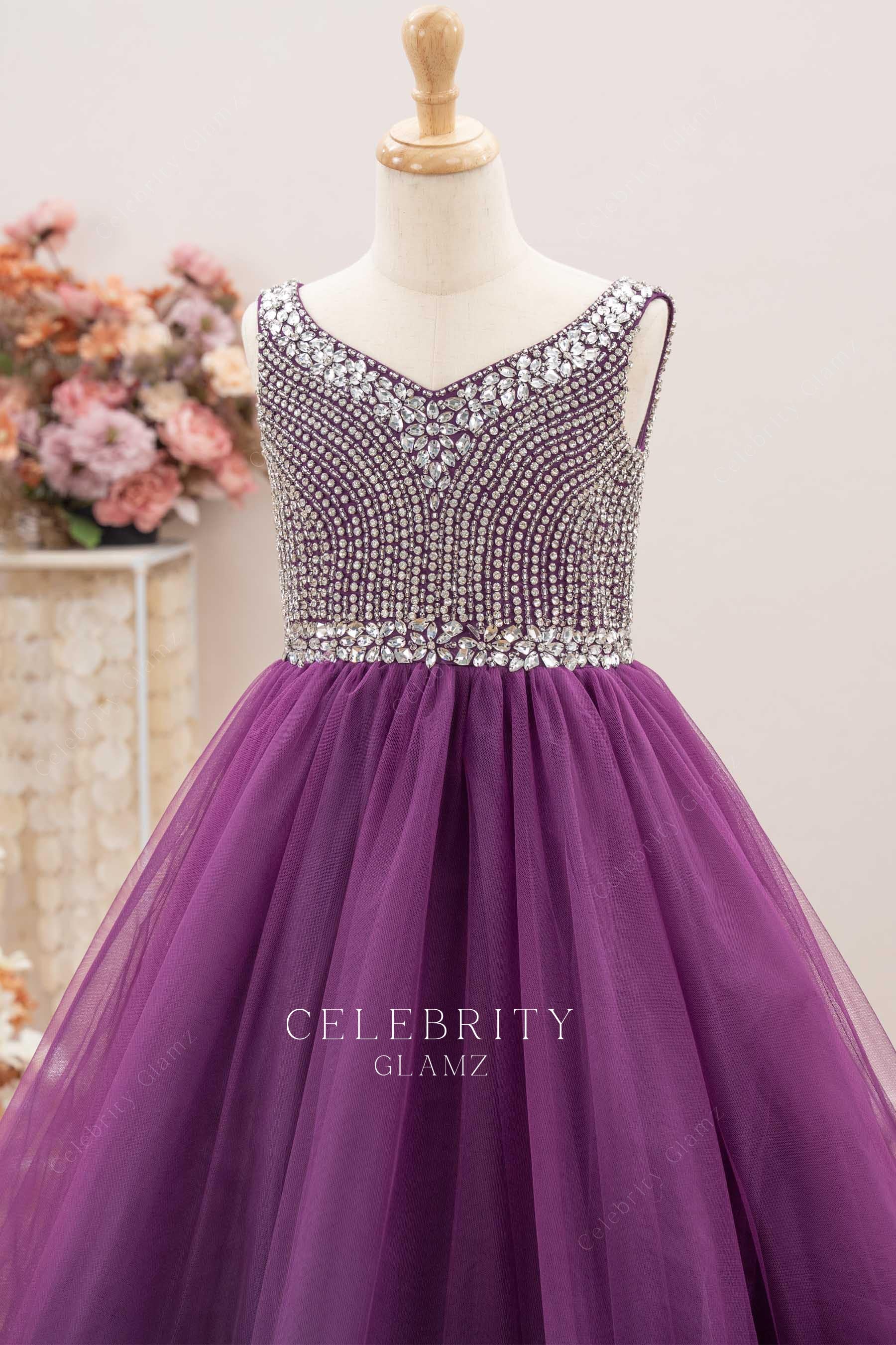 grape tulle a line kids pageant dress