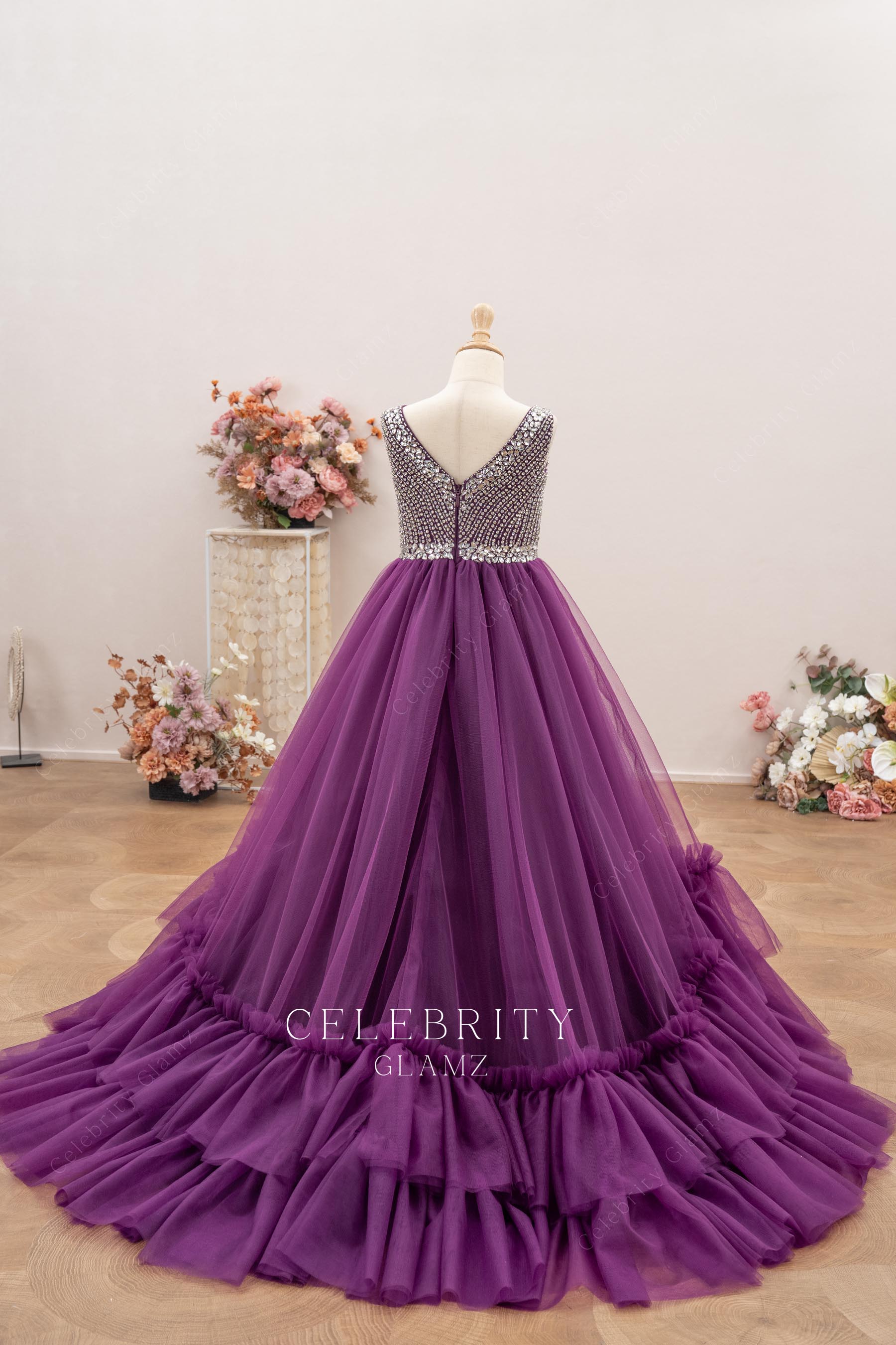grape tulle court train kids pageant dress