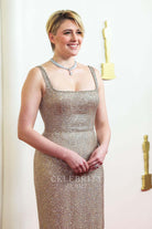 Greta Gerwig glitter prom dress 2024 Oscars red carpet 