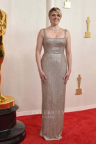 Greta Gerwig sheath prom dress 2024 Oscars red carpet 