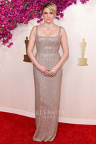 Greta Gerwig square neck prom dress 2024 Oscars red carpet 
