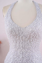 grey beading halter plunging prom dress
