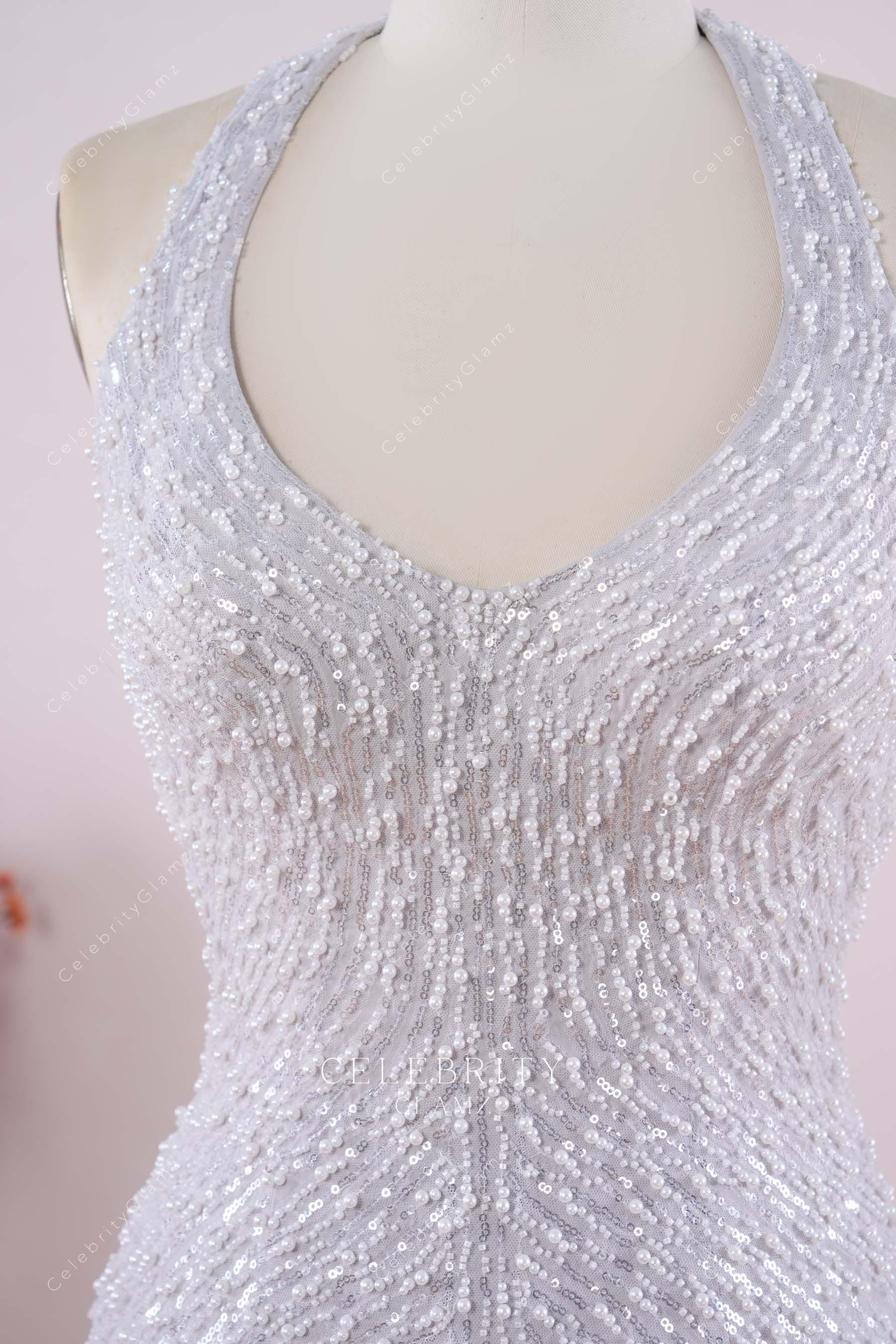 grey beading halter plunging prom dress