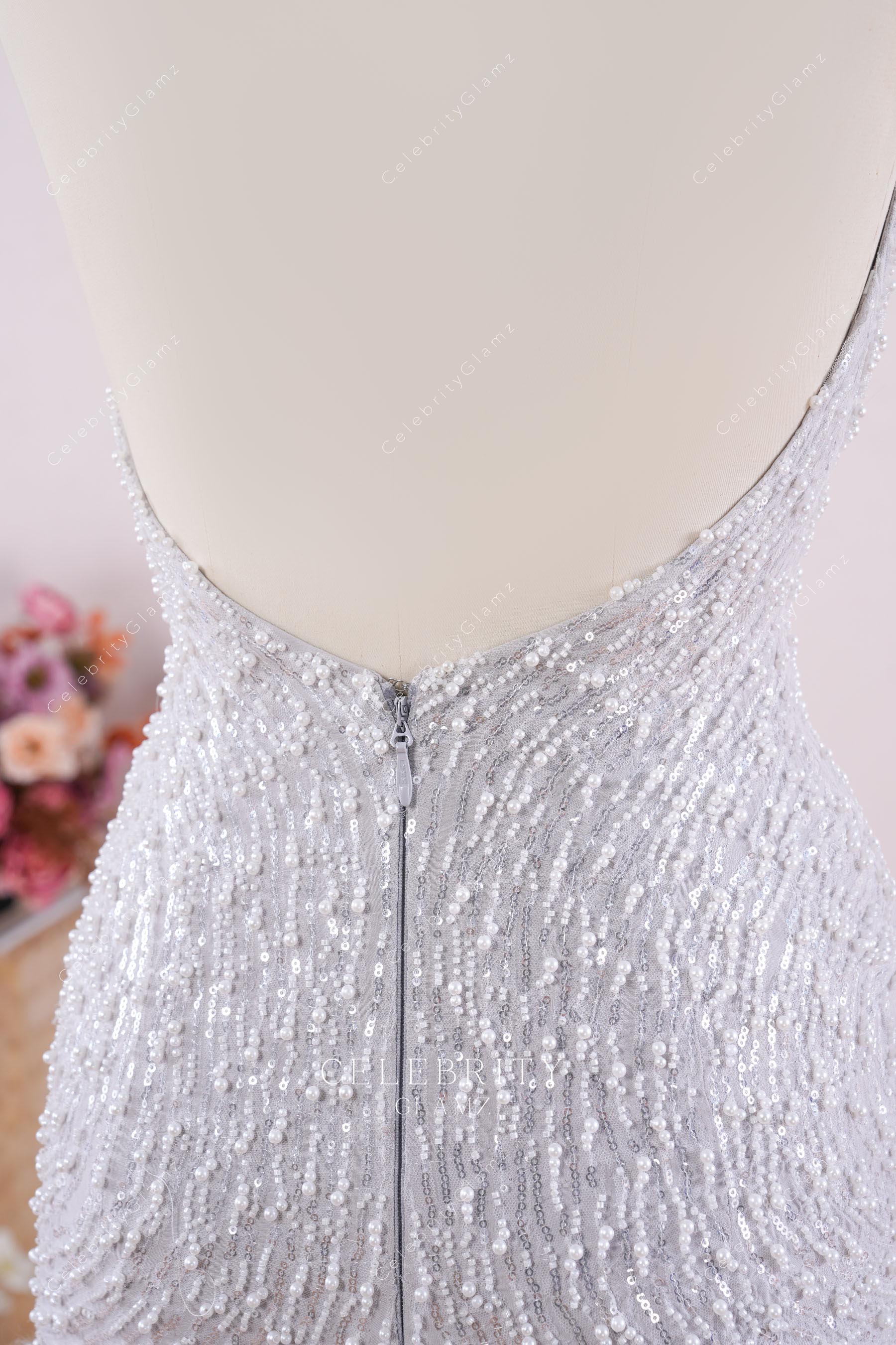 grey beading open back prom dress