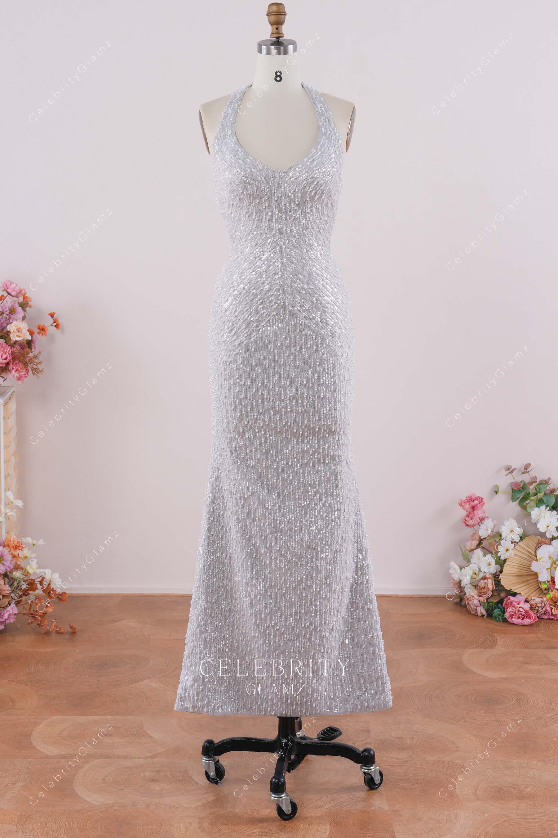 grey glitter floor length prom dress