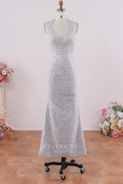 grey glitter floor length prom dress