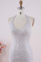 grey glitter halter plunging prom dress