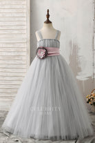 grey tulle 3d floral flower girl dress