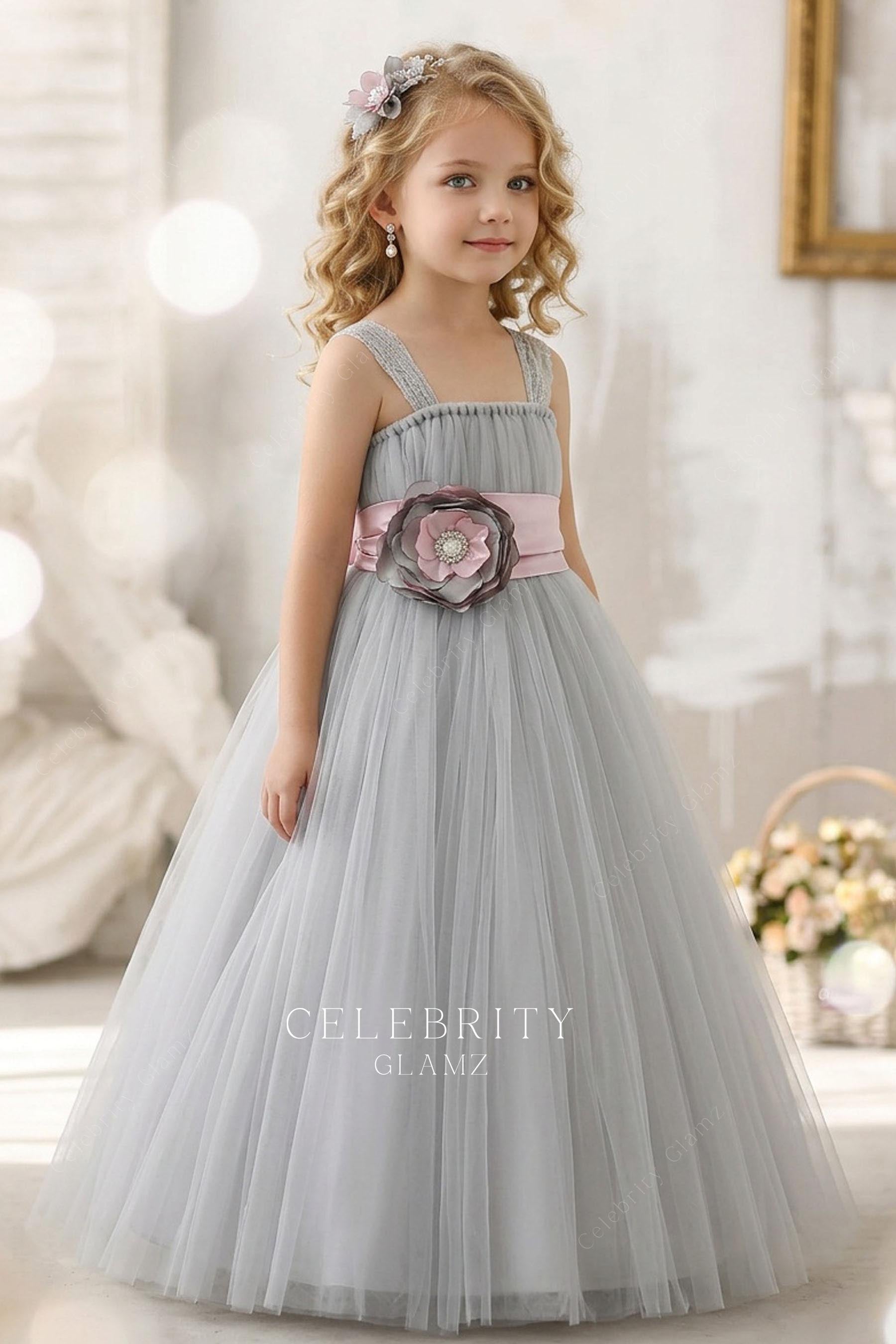 grey tulle a line flower girl dress