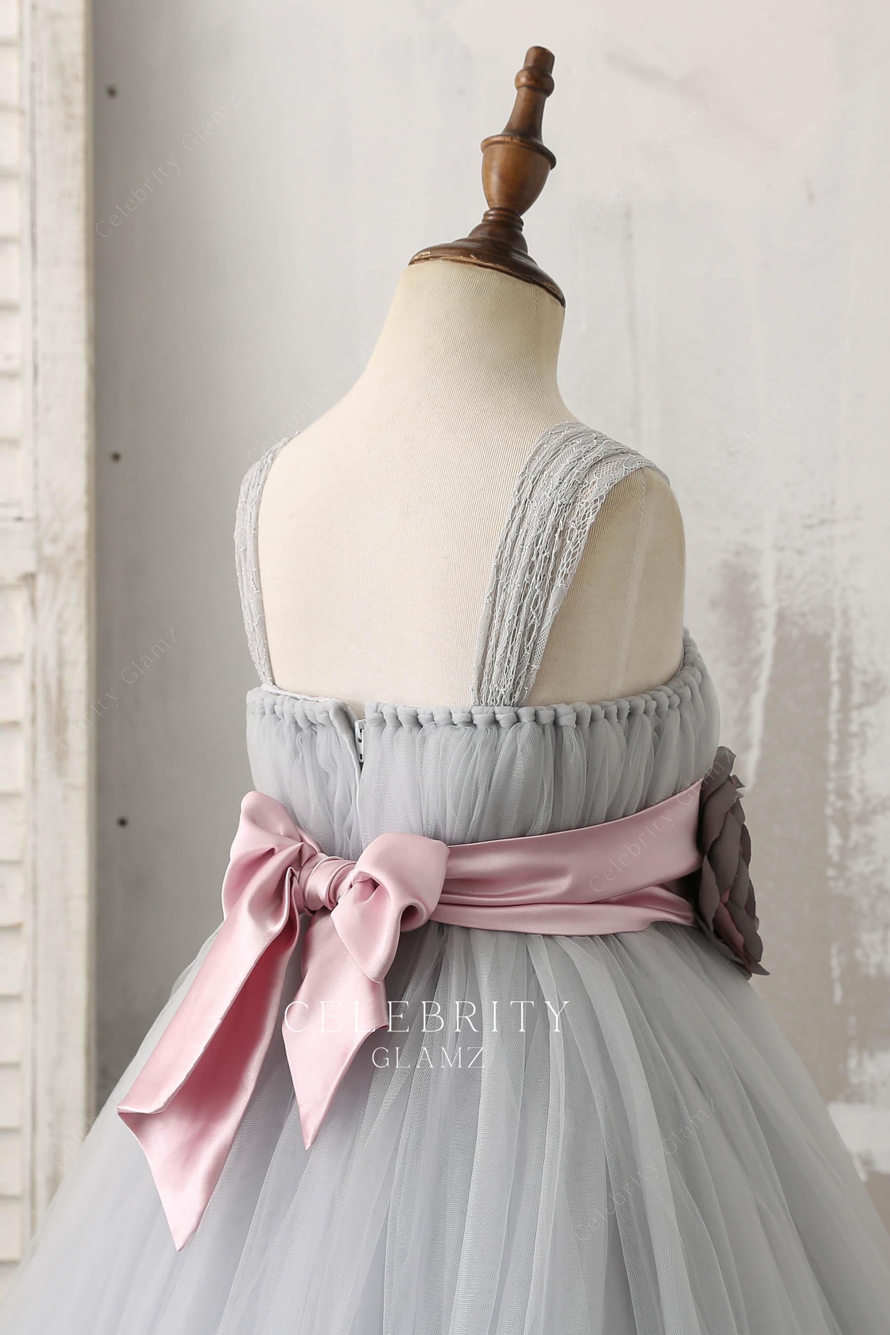 grey tulle open back flower girl dress