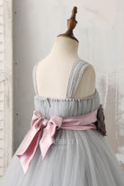 grey tulle open back flower girl dress