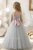 grey tulle pink satin bowknot flower girl dress