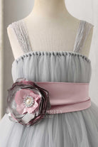 grey tulle square neck flower girl dress