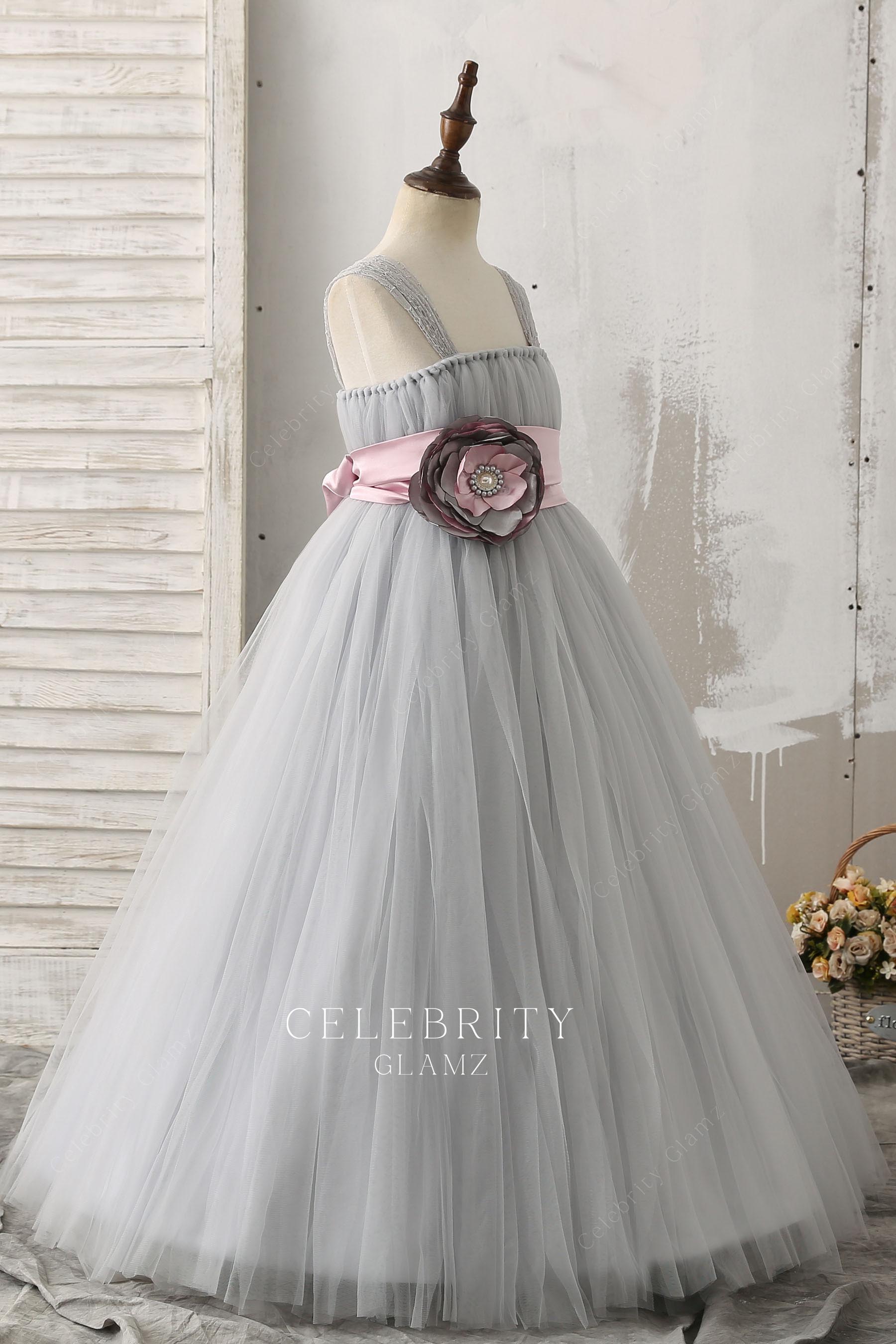 grey tulle wide straps flower girl dress